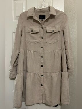 Velvet Heart Neutral Beige Corduroy Tiered Button-Up Dress